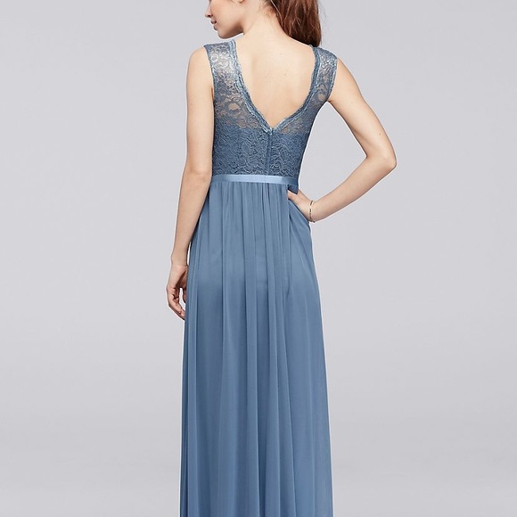 Long Bridesmaid Dress with Lace Bodice in Dusty Blue - Picture 2 of 8
